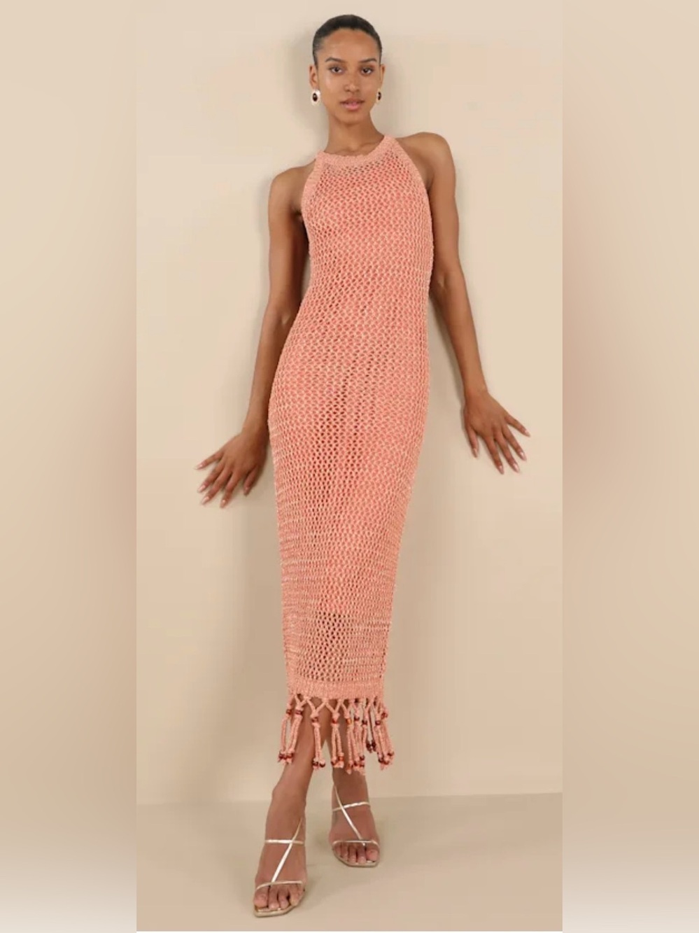 Women’s Crochet Fringe Maxi Dress - coral